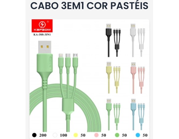 CABO DE CARREGAMENTO RÁPIDO 3 EM 1 CORES PASTEIS