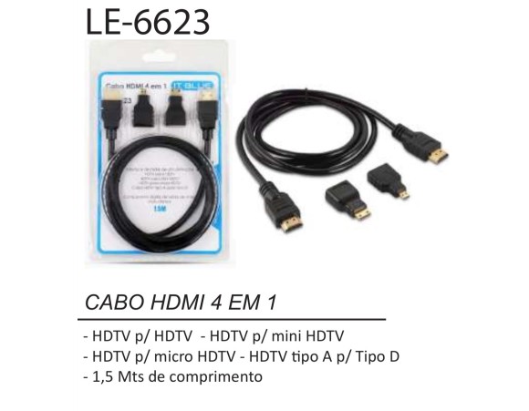 CABO HDMI 4 EM 1 HDTV/MINI/MICRO/ TIPO A/TIPO D 1,5M