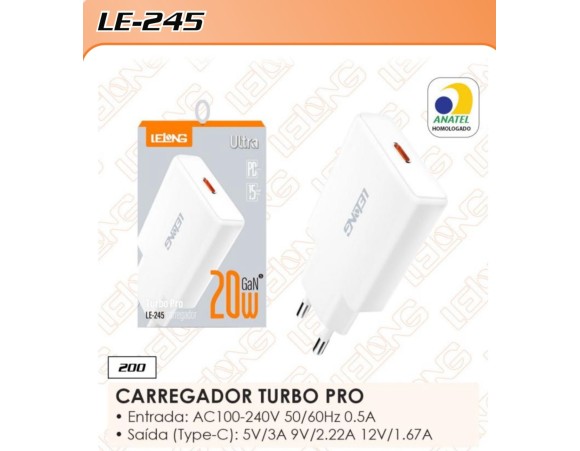 FONTE RAPIDO 20W  TURBO PRO TIPO C 1 SAIDA LE-245