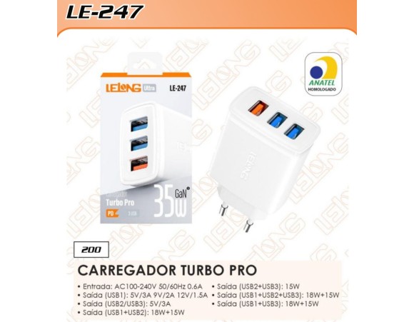 FONTE RAPIDO 35W  TURBO PRO 3 SAIDA  USB LE-247