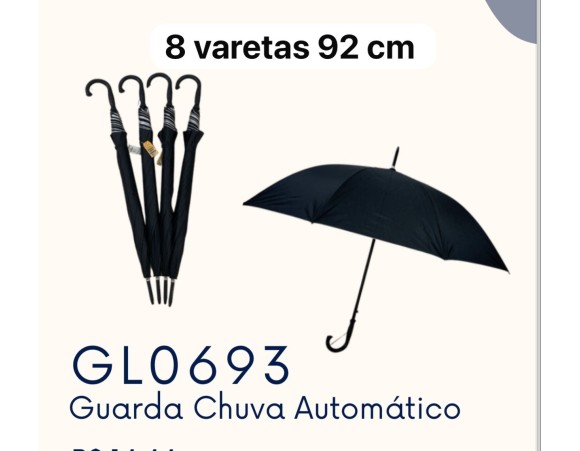 GUARDA CHUVA AUTOMATICO PRETO 8 VARETAS 92CM GL0693